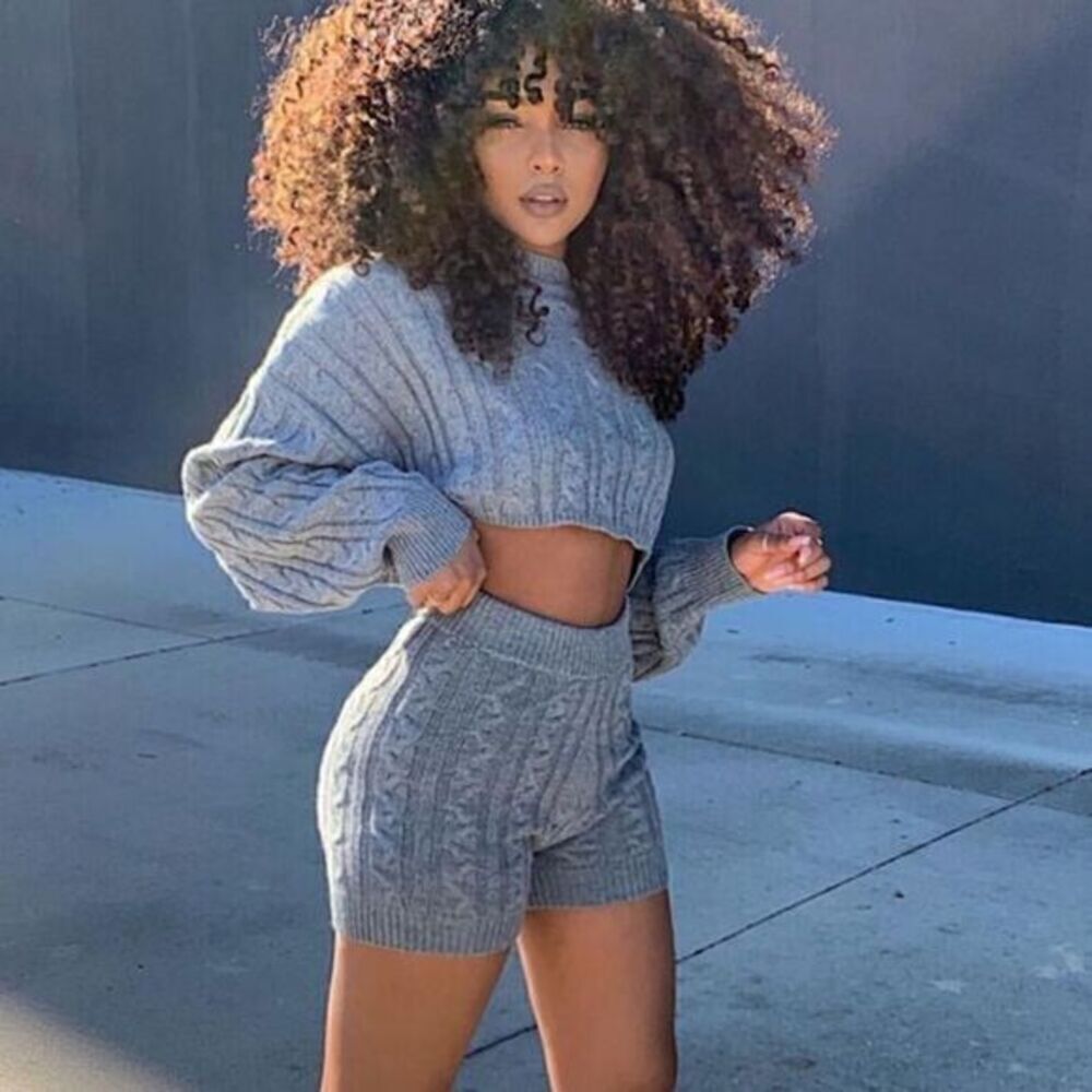 GRAY CABLE KNIT SWEATER SHORT SET